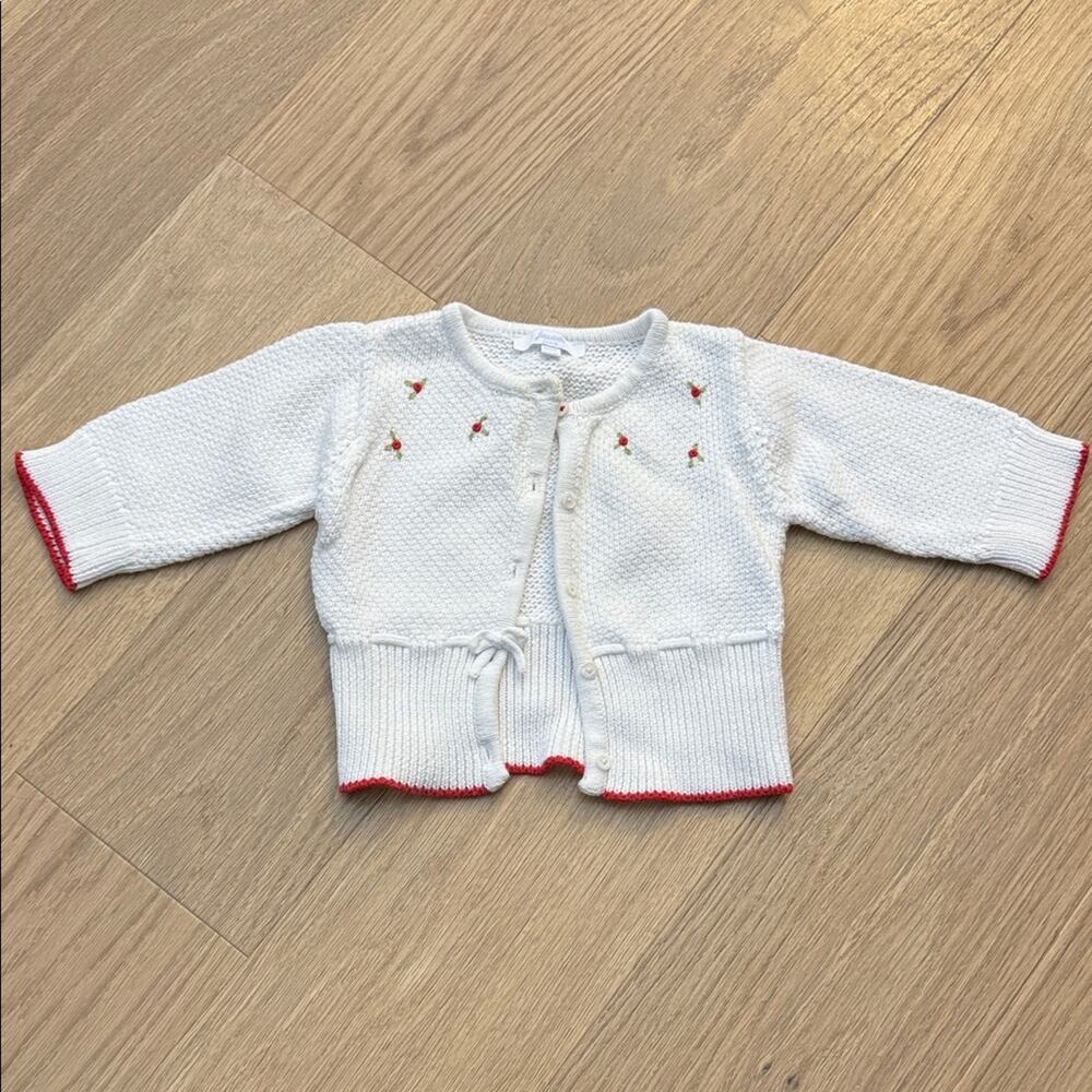Jacadi White Knit Baby Cardigan with Red and Green Embroidery Size 18 Months
